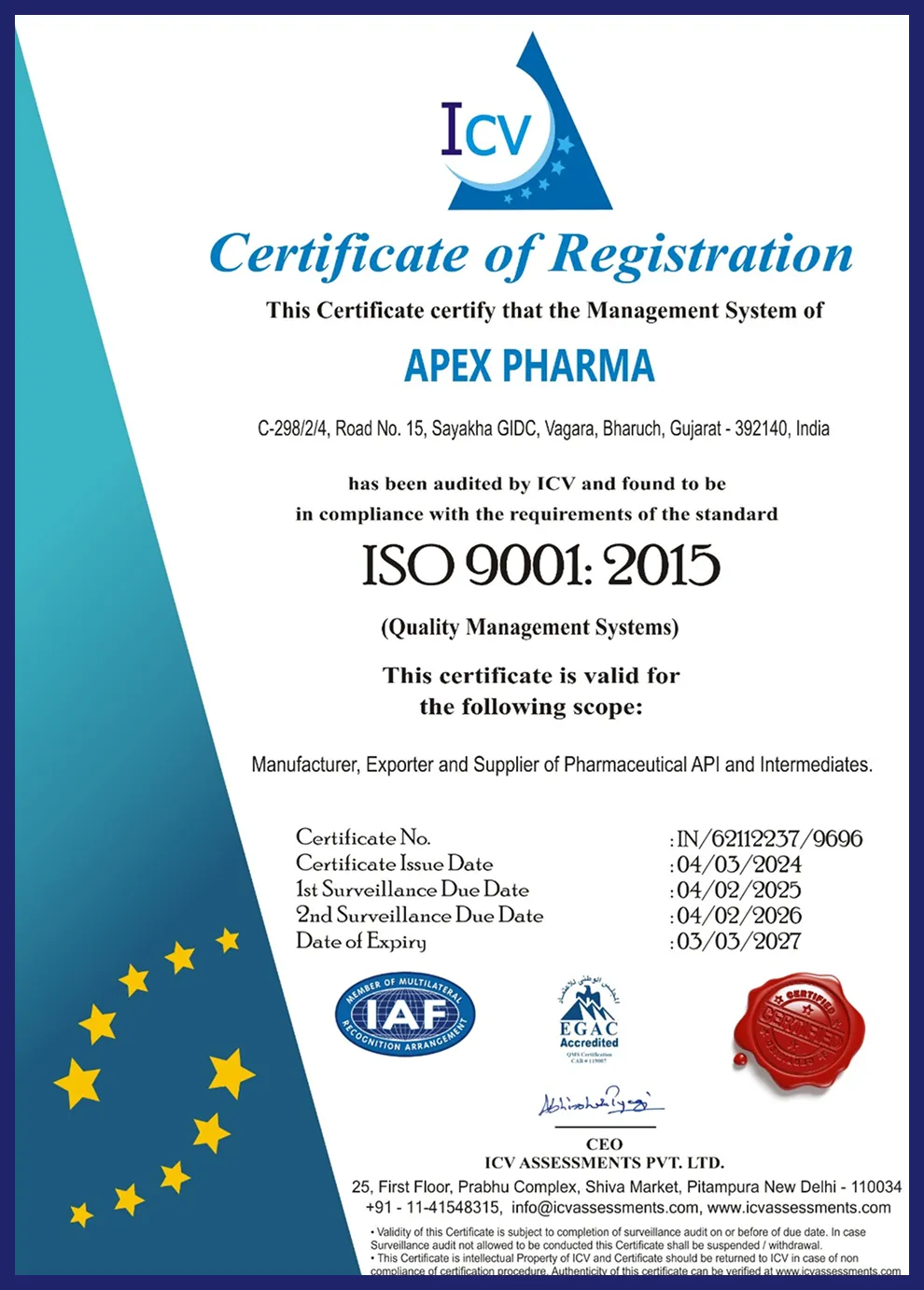 Quality Management System certificate for Apex Pharma