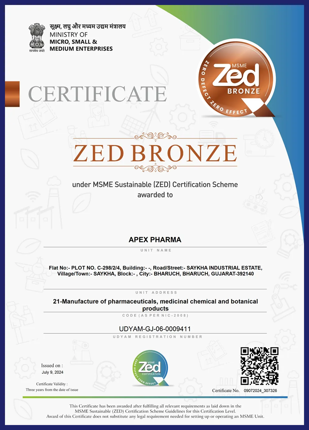 MSME Sustainable (ZED) Certification certificate for Apex Pharma